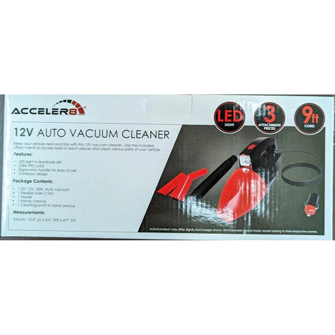 Acceler8 E-316 12V Auto Vacuum Cleaner LED Light 3 Attachment Pieces 9ft Cord