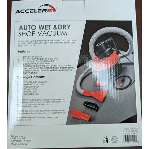 Acceler8 E-916 Auto Wet & Dry Shop Vacuum 3 Attachment Pieces Included