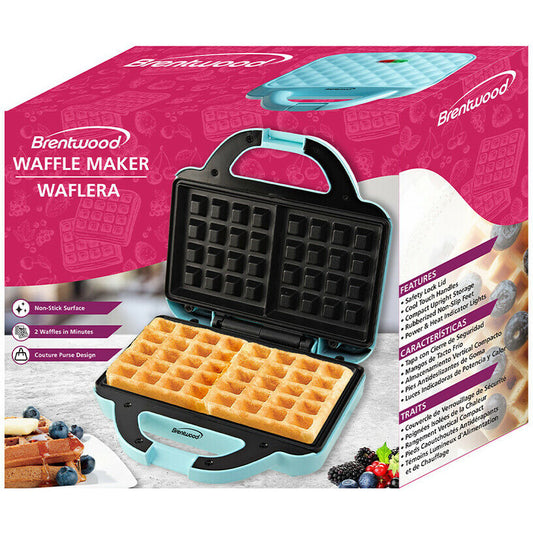 Brentwood TS-239BL 1080W Couture Purse Non-Stick Dual Waffle Maker Blue 120V